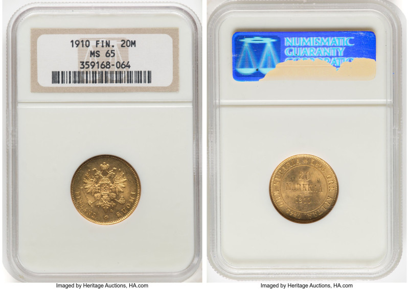 Russian Duchy. Nicholas II gold 20 Markkaa 1910-L MS65 NGC, Helsinki mint, KM9.2...