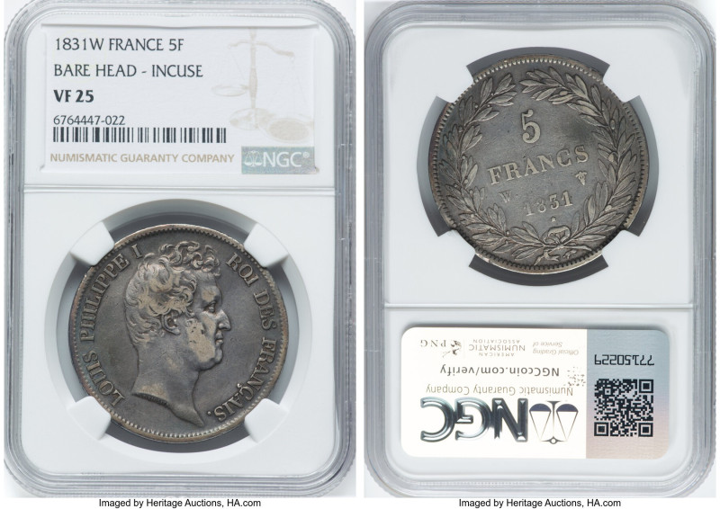 Louis Philippe I 5 Francs 1831-W VF25 NGC, Lille mint, KM735.13, Gad-676. Bare h...