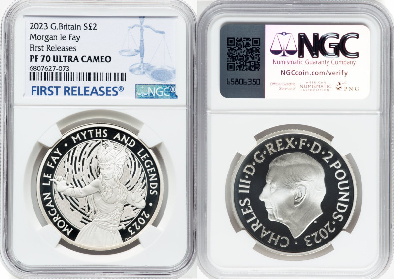 Charles III silver Proof "Morgan le Fay" 2 Pounds (1 oz) 2023 PR70 Ultra Cameo N...