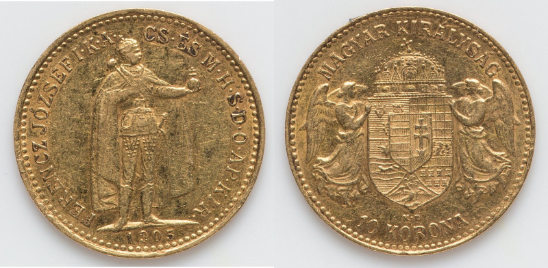 Franz Joseph I gold 10 Korona 1905-KB XF, Kremnitz mint, KM485. 18.8mm, 3.38gm. ...