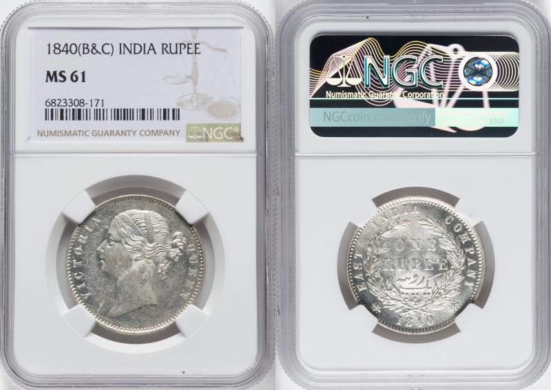 British India. Victoria Rupee 1840-(b & c) MS61 NGC, Calcutta mint, KM458.2. HID...