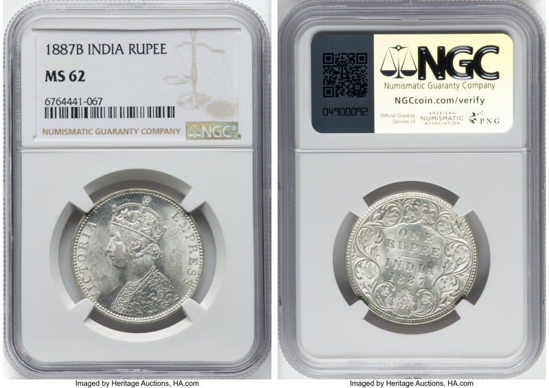 British India. Victoria Pair of Certified Rupees NGC, 1) Rupee 1887-B - MS62 2) ...