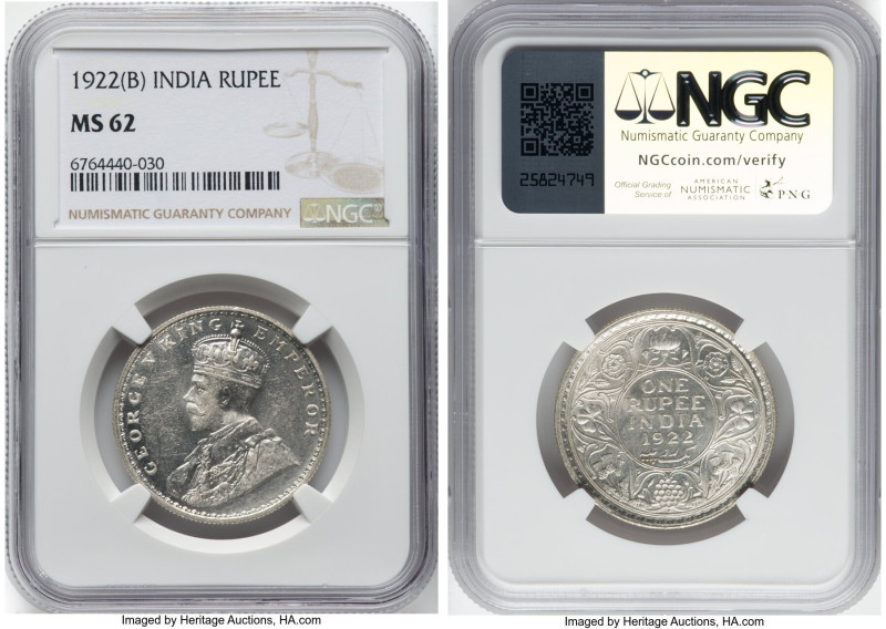 British India. George V Pair of Certified Rupees NGC, 1) Rupee 1922-(b) - MS62 2...