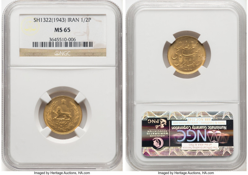 Muhammad Reza Pahlavi gold 1/2 Pahlavi SH 1322 (1943) MS65 NGC, KM1147. HID09801...