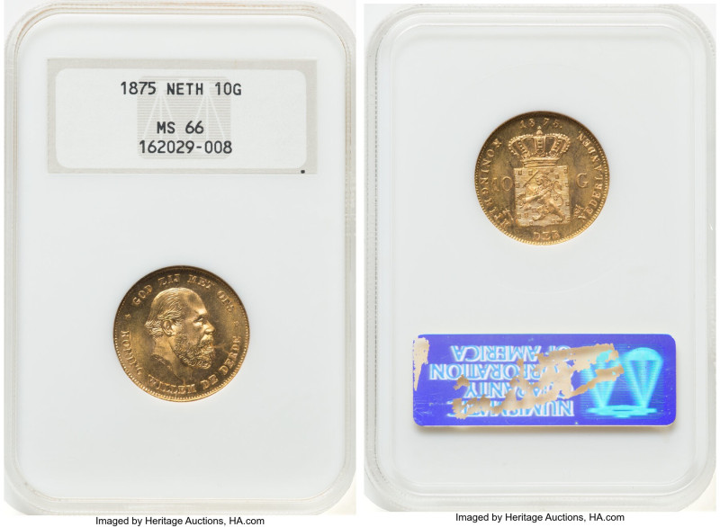 Willem III gold 10 Gulden 1875 MS66 NGC, Utrecht mint, KM105, Fr-342. A glowing ...