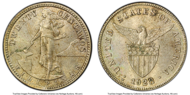 USA Administration Mule 20 Centavos 1928-M MS63 PCGS, Manila mint, KM174. The ob...