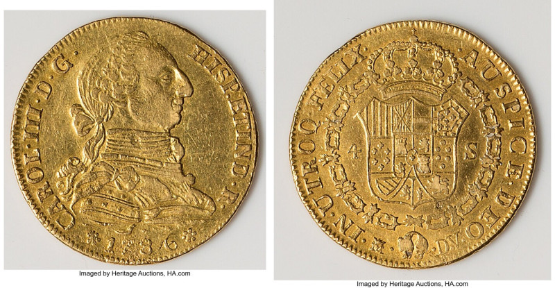 Charles III gold Contempory Counterfeit 4 Escudos 1786 M-DV XF, Madrid mint, KM4...