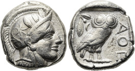 ATTIKA. ATHEN Tetradrachme ø 23mm (17.16g). ca. 454 - 404 v. Chr. Vs.: Kopf der Athena mit attischem Helm n. r. Rs.: ΑΘΕ, Eule n. r., dahinter Olivenz...