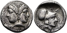 MYSIEN. LAMPSAKOS Diobol ø 12mm (1.25g). ca. 4. Jh. v. Chr. Vs.: Janusförmiger weiblicher Kopf mit Diadem u. Ohrring. Rs.: ΛΑ, Kopf der Athena mit kor...