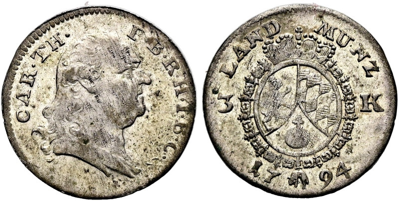 BAYERN Karl Theodor, 1777 - 1799. 3 Kreuzer (Landmünze) (1.26g). 1794, München. ...