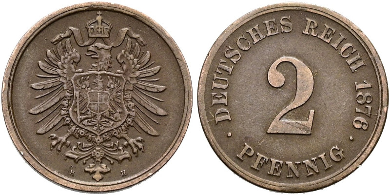 REICHSKLEINMÜNZEN. 2 Pfennig (3.34g). 1876 H, Darmstadt. Kleiner Reichsadler, da...