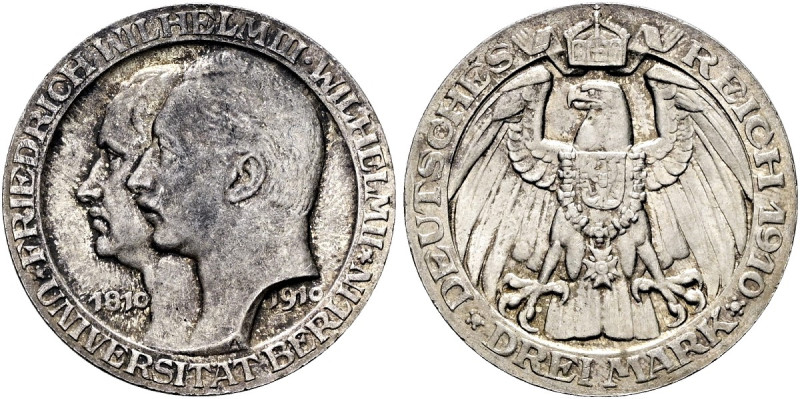 REICHSSILBERMÜNZEN. PREUSSEN Wilhelm II., 1888-1918. 3 Mark (16.64g). 1910 A, Be...