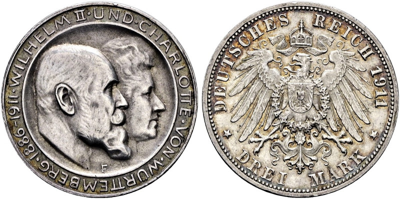 REICHSSILBERMÜNZEN. WÜRTTEMBERG Wilhelm II., 1891-1918. 3 Mark (16.67g). 1911 F,...