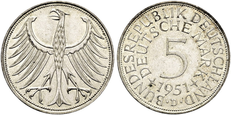 B R D. DM Währung bis 2001. 5 Deutsche Mark (11.13g). 1951 D, München. Bundesadl...