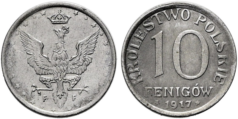 GEPLANTES KÖNIGREICH POLEN. 10 Fenigow (3.62g). 1917 F, Stuttgart. Gekrönter pol...