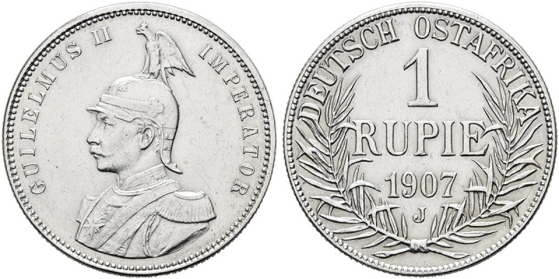 DEUTSCHE KOLONIEN. DEUTSCH OSTAFRIKA Rupie (11.66g). 1907 J, Hamburg. Behelmtes ...