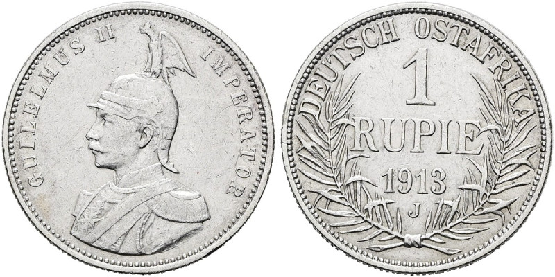 DEUTSCHE KOLONIEN. DEUTSCH OSTAFRIKA Rupie (11.60g). 1913 J, Hamburg. Behelmtes ...
