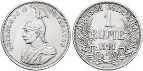 DEUTSCHE KOLONIEN. DEUTSCH OSTAFRIKA Rupie (11.63g). 1914 J, Hamburg. Behelmtes Brustbild von Kaiser Wilhelm II. in Uniform des Garde du Corps nach li...