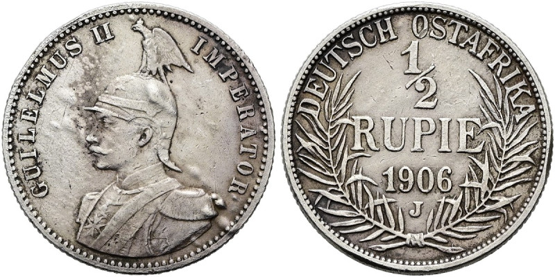 DEUTSCHE KOLONIEN. DEUTSCH OSTAFRIKA 1/2 Rupie (5.76g). 1906 J, Hamburg. Behelmt...