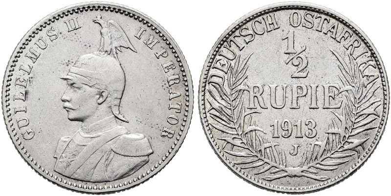 DEUTSCHE KOLONIEN. DEUTSCH OSTAFRIKA 1/2 Rupie (5.79g). 1913 J, Hamburg. Behelmt...