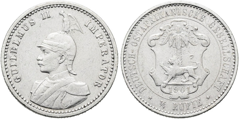 DEUTSCHE KOLONIEN. DEUTSCH OSTAFRIKA 1/4 Rupie (2.90g). 1901 (A), Berlin. Behelm...