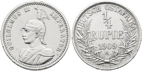 DEUTSCHE KOLONIEN. DEUTSCH OSTAFRIKA 1/4 Rupie (2.92g). 1909 A, Berlin. Behelmtes Brustbild von Kaiser Wilhelm II. in Uniform des Garde du Corps nach ...