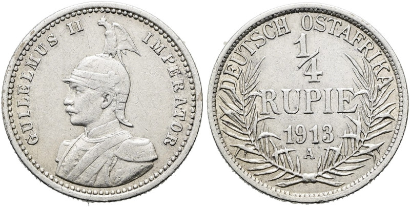 DEUTSCHE KOLONIEN. DEUTSCH OSTAFRIKA 1/4 Rupie (2.91g). 1913 A, Berlin. Behelmte...