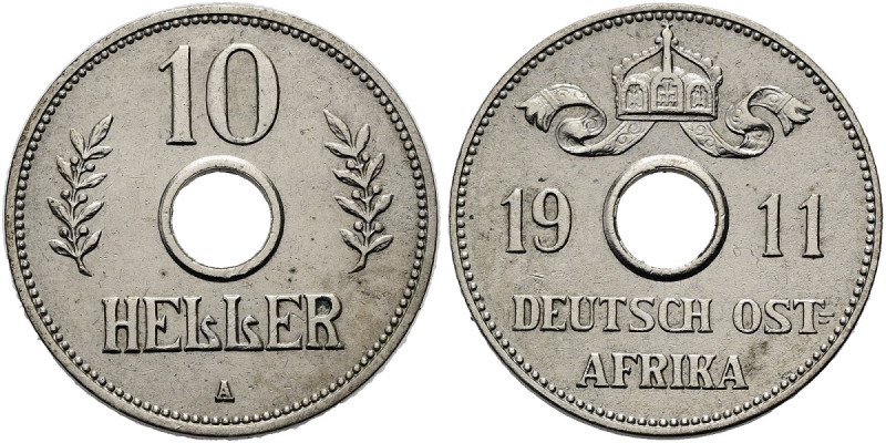 DEUTSCHE KOLONIEN. DEUTSCH OSTAFRIKA 10 Heller (6.12g). 1911 A, Berlin. Wertanga...