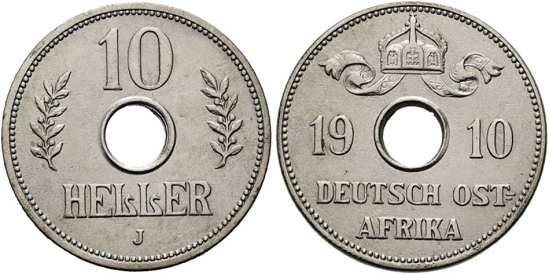 DEUTSCHE KOLONIEN. DEUTSCH OSTAFRIKA 10 Heller (6.19g). 1910 J, Hamburg. Wertang...