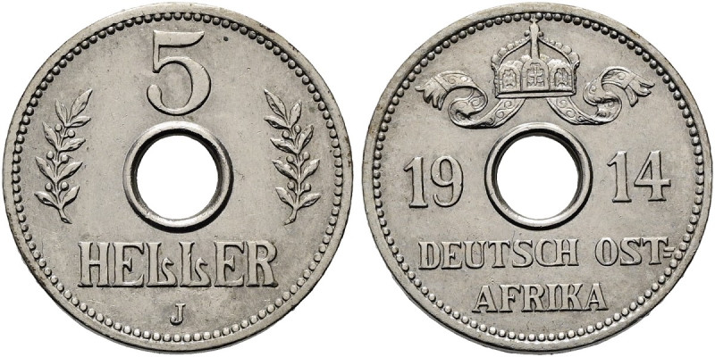 DEUTSCHE KOLONIEN. DEUTSCH OSTAFRIKA 5 Heller (3.13g). 1914 J, Hamburg. Wertanga...