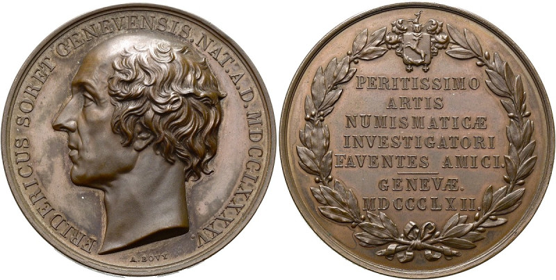 NUMISMATIK. Bronzemedaille (82.36g). 1862, von Antoine Bovy. Auf den Numismatike...