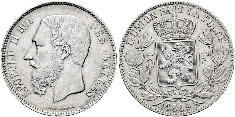BELGIEN. KÖNIGREICH Leopold II., 1865-1909. 5 Francs (24.90g). 1869, Brüssel. Ko...
