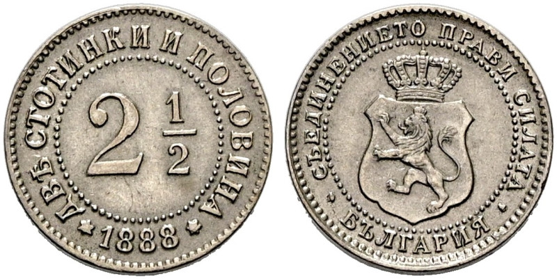 BULGARIEN. Ferdinand I., 1887-1918. 2 1/2 Stotinki (2.04g). 1888, Brüssel. Große...