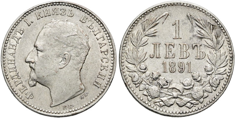 BULGARIEN. Ferdinand I., 1887-1918. Lew (4.97g). 1891 KB-AS, Kremnitz. Kopf nach...