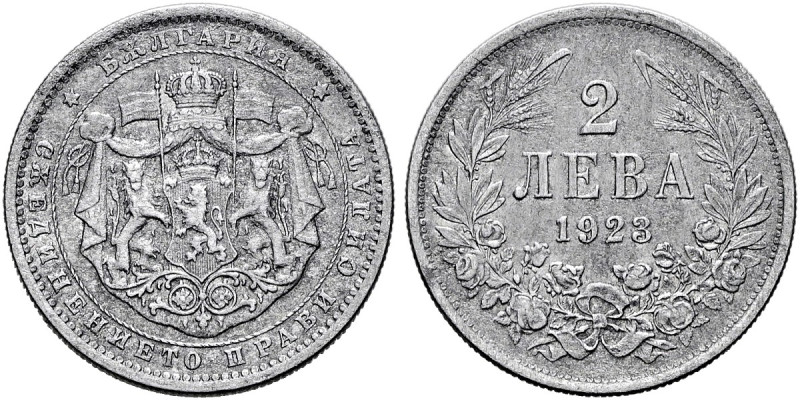 BULGARIEN. Boris III., 1918 - 1943. 2 Lewa (2.44g). 1923. Gekrönter Wappenschild...