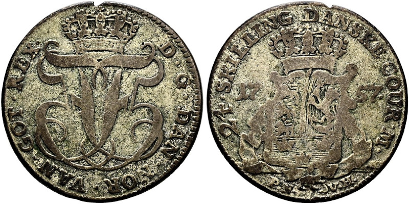 DÄNEMARK. Friedrich V., 1746-1766. 24 Schilling (7.06g). 1757 PNVH, Kopenhagen. ...