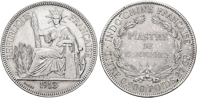 FRANKREICH. INDOCHINA Piaster (26.91g). 1913 A, Paris. Francia sitzend nach link...