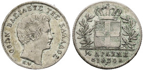 GRIECHENLAND. KÖNIGREICH Otto I., 1832-1862. 1/4 Drachme (1.12g). 1834 A, Paris. Kopf nach rechts, darunter Signatur / Gekrönter Wappenschild, zwische...