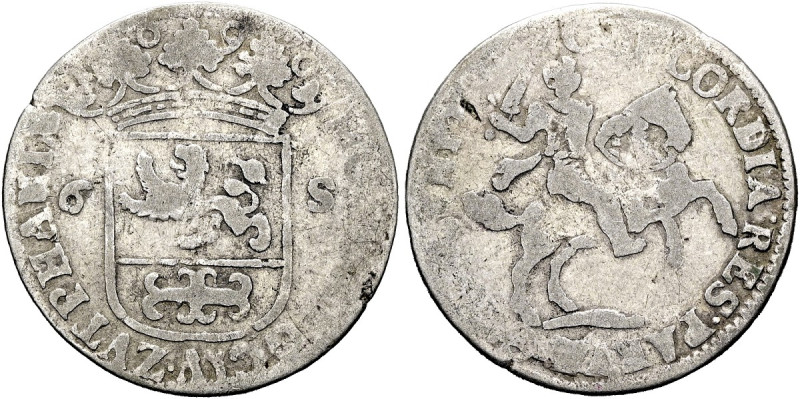 NIEDERLANDE. ZUTPHEN 6 Stuivers (4.09g). 1690, Zutphen. Sogenannter "Rijderschel...