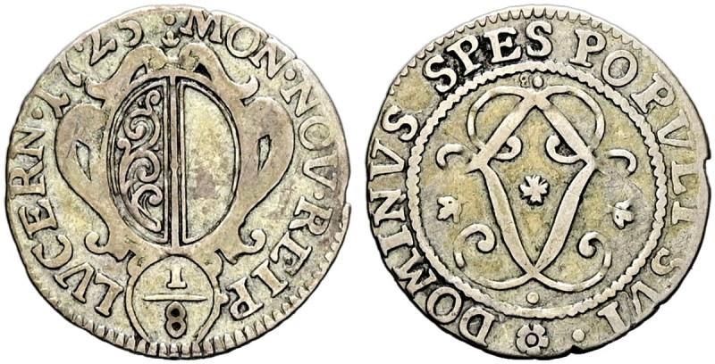 SCHWEIZ. LUZERN 1/8 Gulden (zu 5 Schilling) (1.16g). 1725, Luzern. Verzierte, ov...