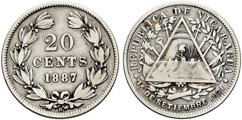 NICARAGUA. 20 Centavos (4.74g). 1887 H, Birmingham. Wertangabe und Jahreszahl in...