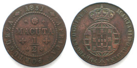 ANGOLA. Portuguese, 1/2 Macuta 1851, MARIA II, copper, VF