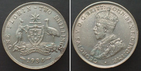AUSTRALIA. Florin 1934, George V, silver, AU!