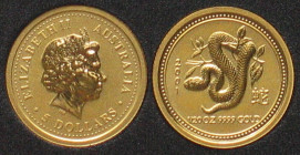 AUSTRALIA. 5 Dollars 2001 Lunar I YEAR OF THE SNAKE 1/20 oz fine gold