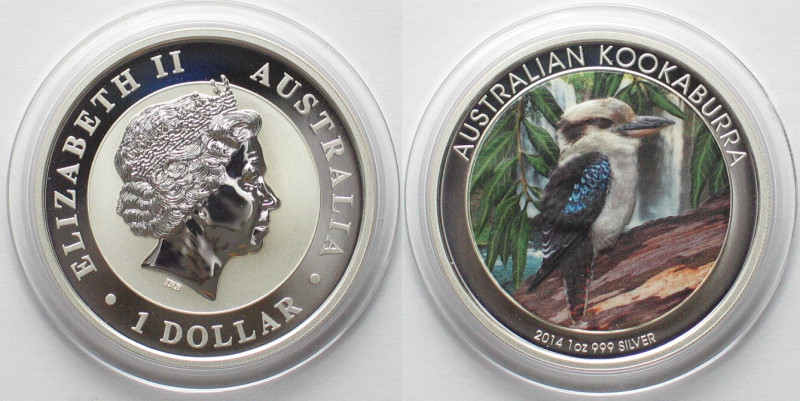 AUSTRALIAN KOOKABURRA. 1 Dollar 2014, WMF, silver, 1 oz, COLORED, VERY RARE!