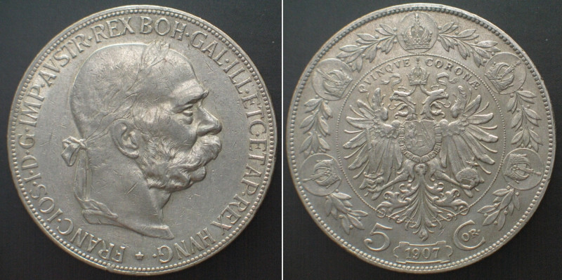 ÖSTERREICH. K.u.K. 5 Kronen 1907, Franz Joseph I. Silber, vz+. KM# 2807.