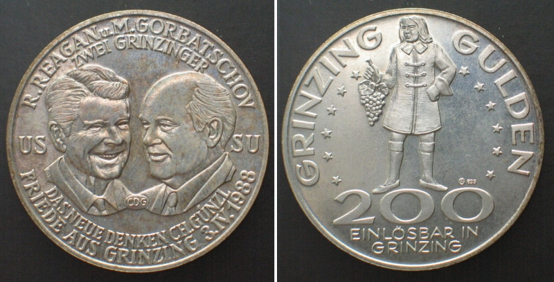 ÖSTERREICH - GRINZING. 200 Schilling 1988, REAGAN & GORBATSCHOV, Silber, unz. KM...