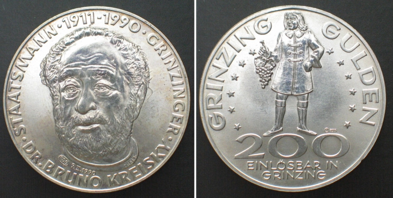 ÖSTERREICH - GRINZING. 200 Schilling 1990, DR. BRUNO KREISKY, Silber, unz. KM X#...