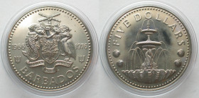 BARBADOS. 5 Dollars 1976 FM (U), Shell Fountain, 10TH ANN. OF INDEPENDENCE, Cu-Ni, Prooflike