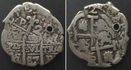 BOLIVIA. 2 Reales 1687 P VR, Potosi, CHARLES II, silver, COB COINAGE, VF